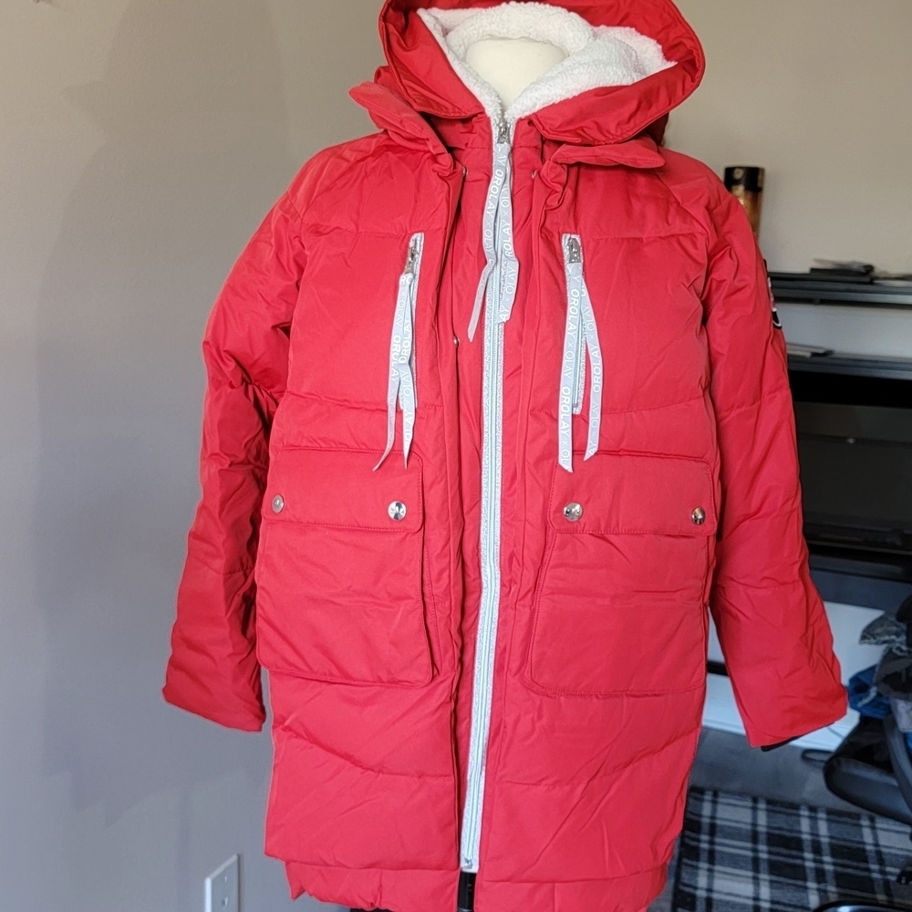 OROLAY Red and Black Patterned Down Jacket.Size XS. Warm and stylish.